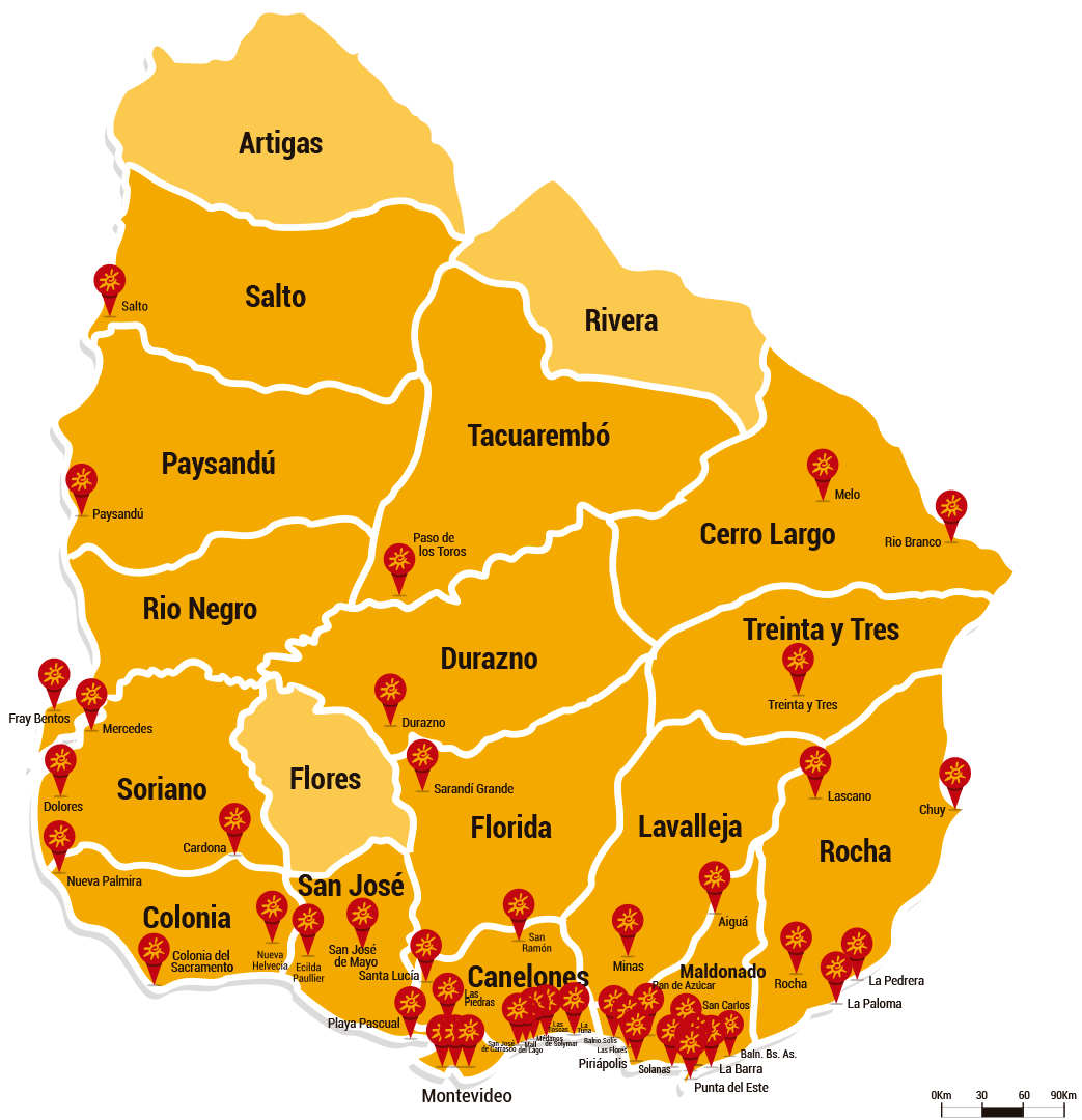 Mapa de sucursales de Uruguay mostrando los puntos de recolección de tapitas en 16 departamentos