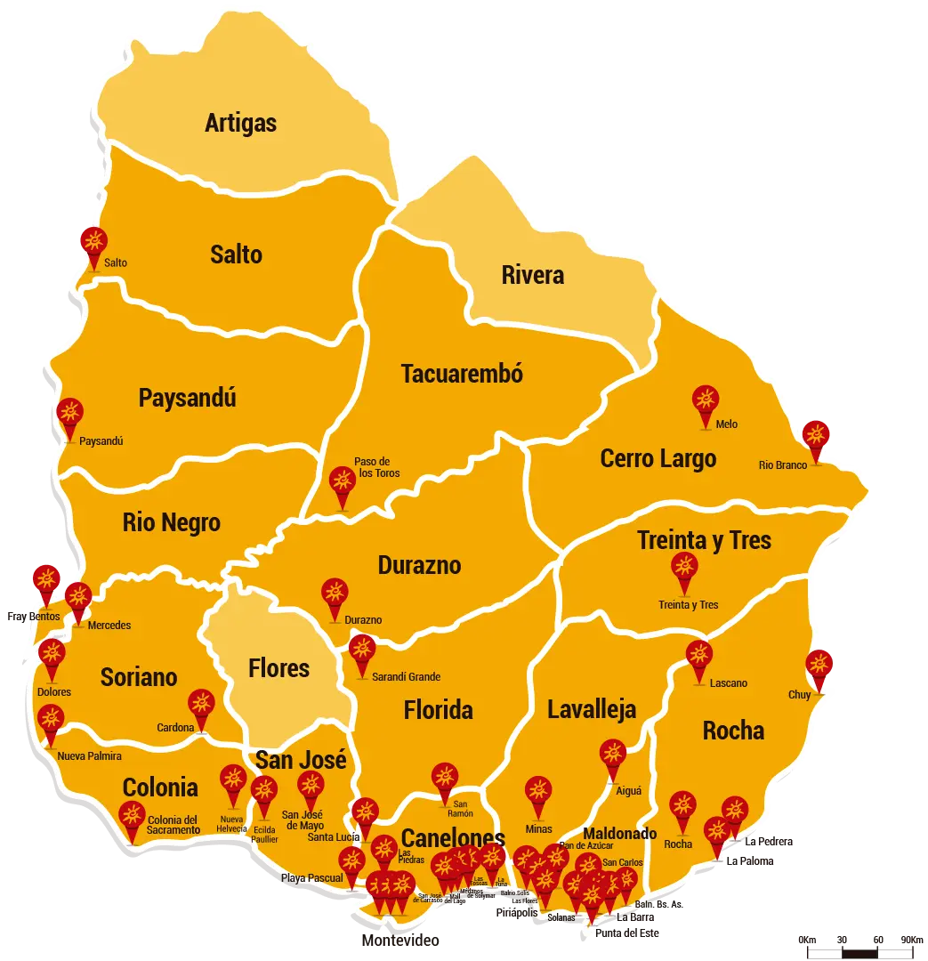 Mapa de sucursales de Uruguay mostrando los puntos de recolección de tapitas en 16 departamentos